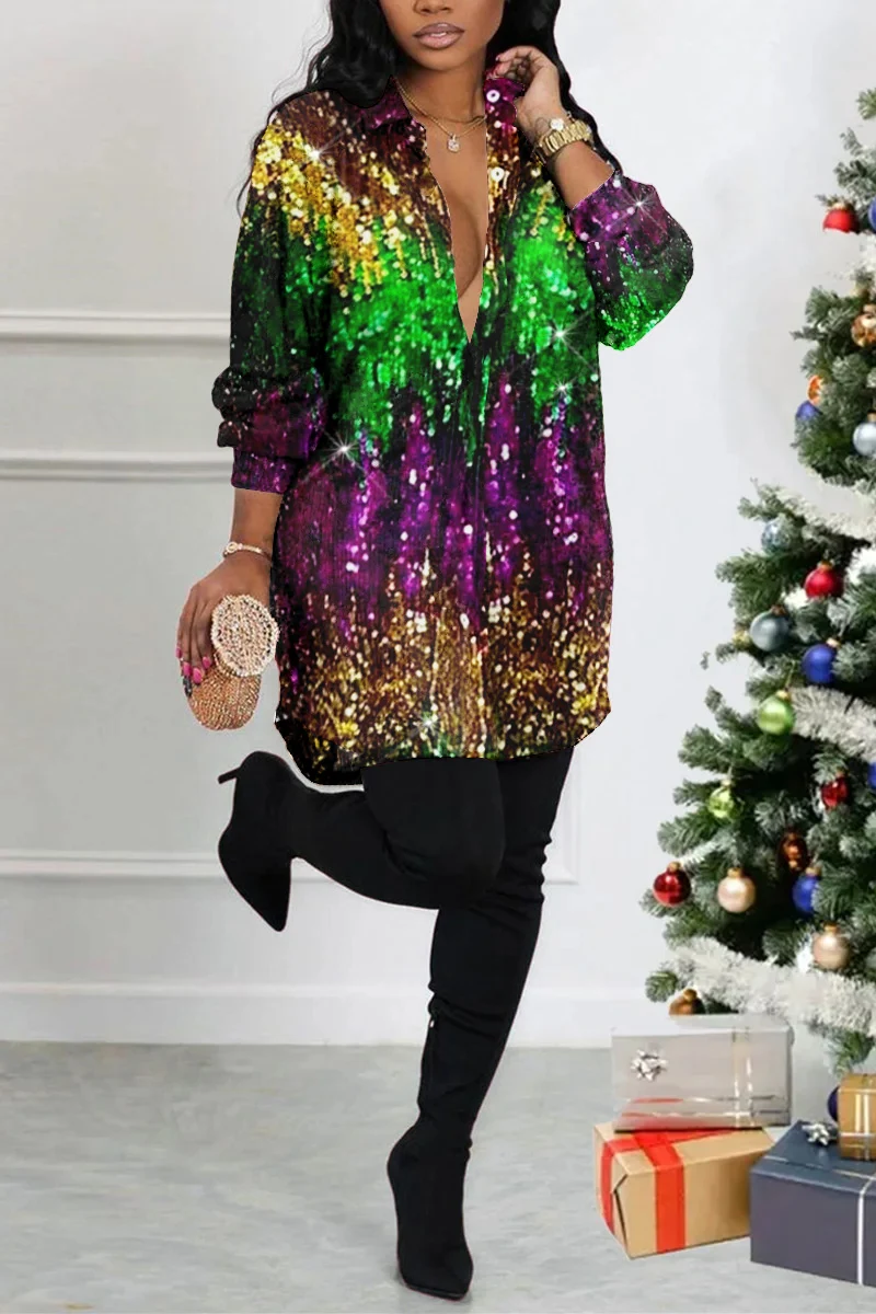 

Plus Size Party Multicolor Shirt Collar Long Sleeve Irregular Hem Sequin Shirt