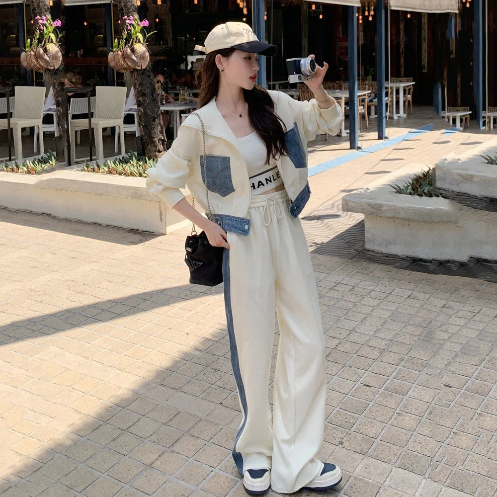 Casual Trousers Sports Suit Women\'s Spring/Autumn Fashion Color Contrast Hoodie Jacket + High Waist Wide Leg Pants Two Piece Set