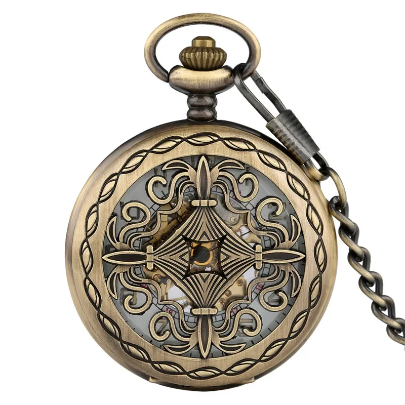 Retro Hollow Knot Design Pocket Watch Half Hunter Handwinding Mechanical Watches with Pendant Chain for Men Women Arabic Number