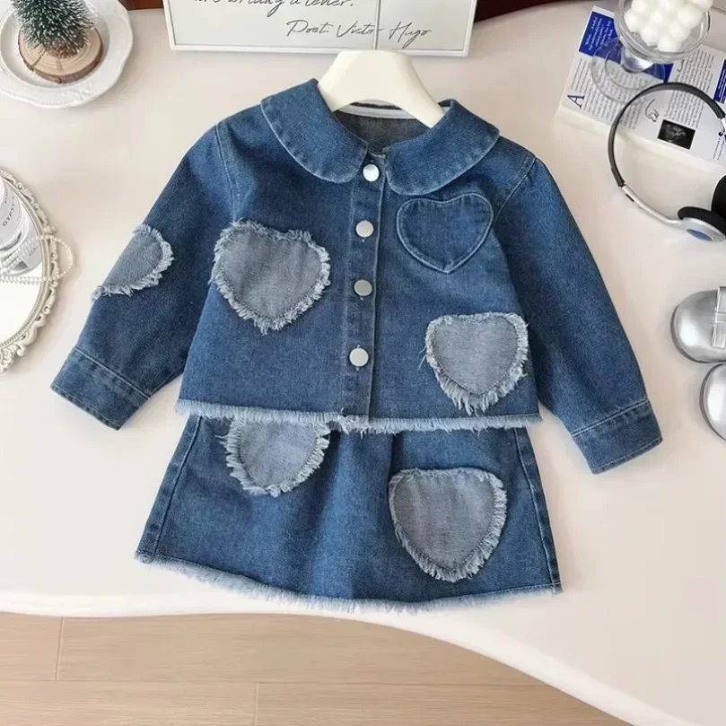 Girls Fashion Denim Skirt Suit 2-7 Y 2024 Autumn Heart Peter Pan Collar Coat and Skirt New 2Pcs Children's Cute Outfit