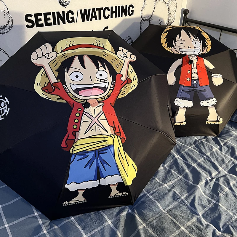 Anime Figures Luffy Automatic Umbrella One Piece Boys and Girls Clear Day Rain Dual-Use Portable Folding Sun Umbrella Fans Gift