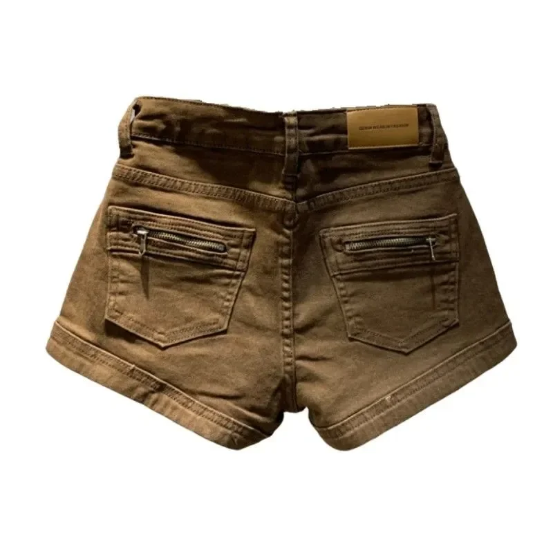 

Women's Brown Denim Shorts High Waist A-Line Zipper Pocket Casual Summer Hot Pants