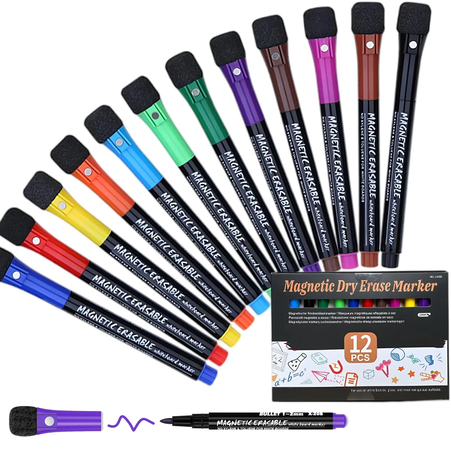 

12 Color Magnetic Dry Erase Markers Whiteboard Markers with Eraser Magnetic Whiteboard Markers for School Children Teacher Gift