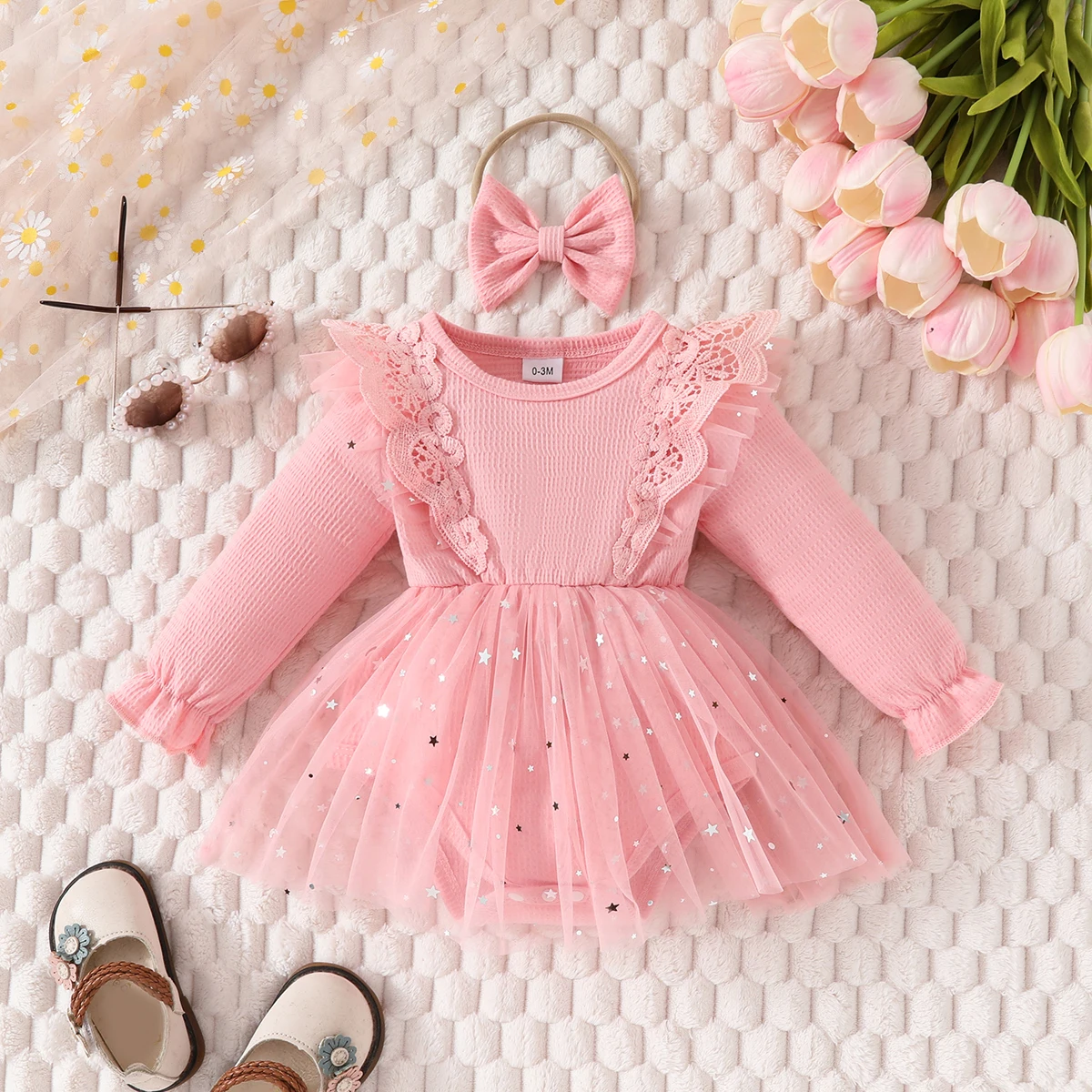 2pcs Baby Girl Bodysuit Lace edge stars Tulle Fashionable Bodysuit+Bow fit 0-18 Months Cute Baby Full Moon Family Party Costume