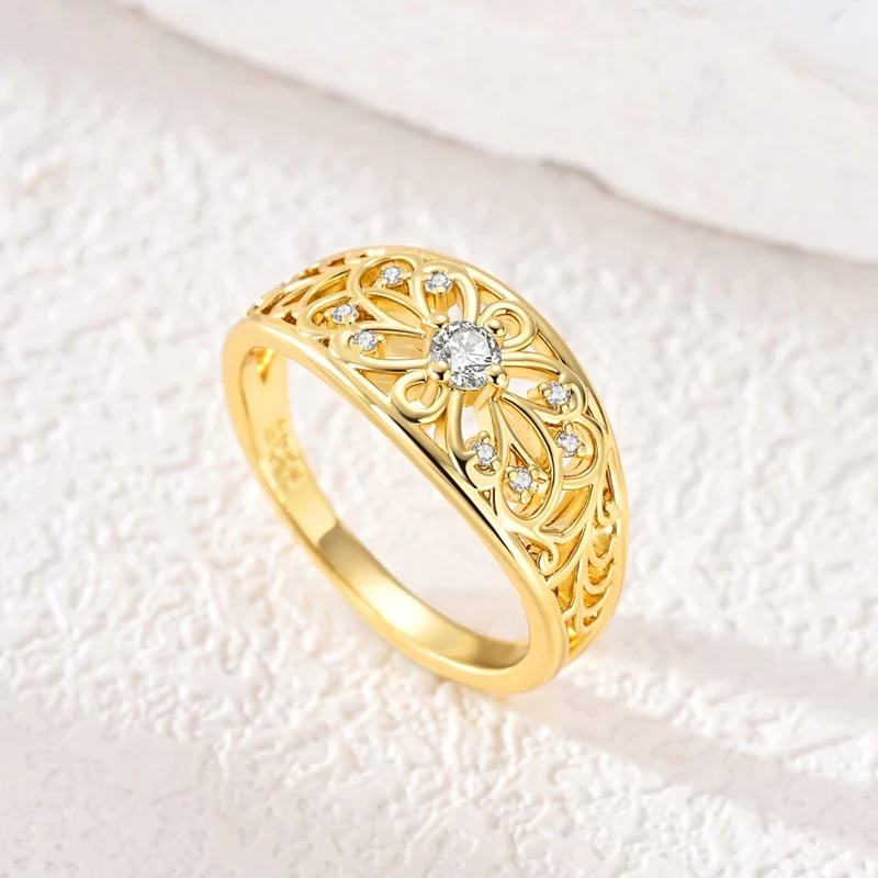 925 Sterling Silver Gold Plated Openwork Vines Ring