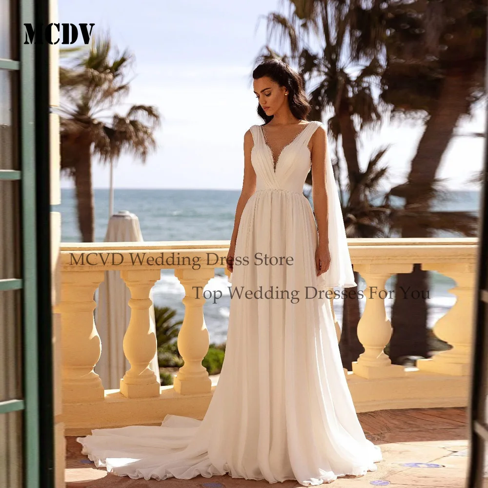 

MCDV Elegant Boho Chiffon Wedding Dresses Women Beaded Sleeveless A-Line Sweep Train Illusion Back Vestidos De Novia Customized