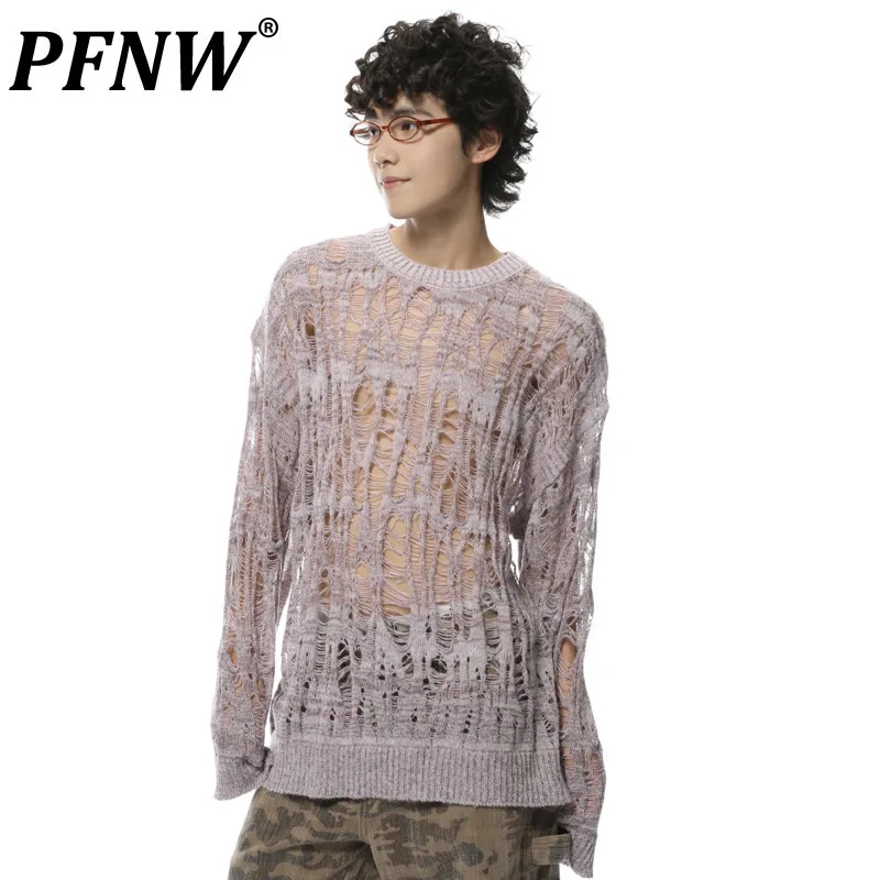 PFNW Niche Design Men\'s Sweater Hollow Out Hole Tops Casual Round Collar Long Sleeve Solid Color Pullovers Autumn 2024 28W3912