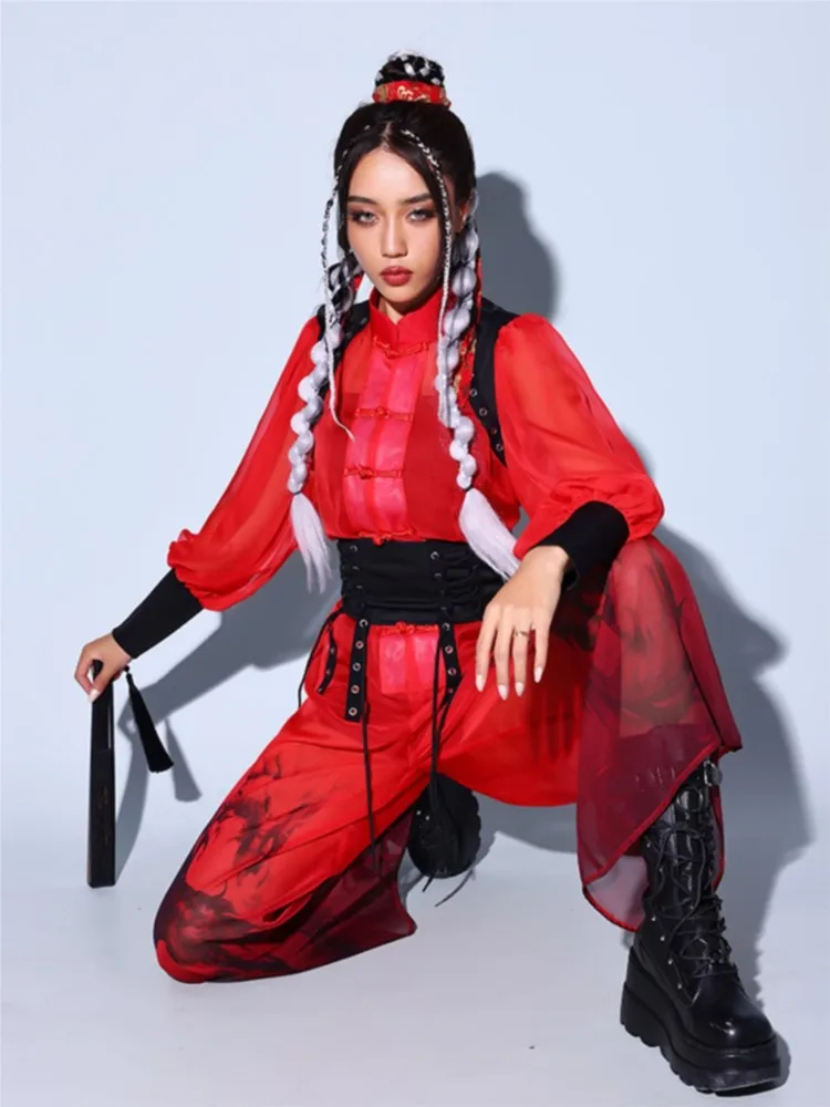 New Sexy Women Jazz Dance Costume Girl Group Singing HipHop Red National Drum Clothing