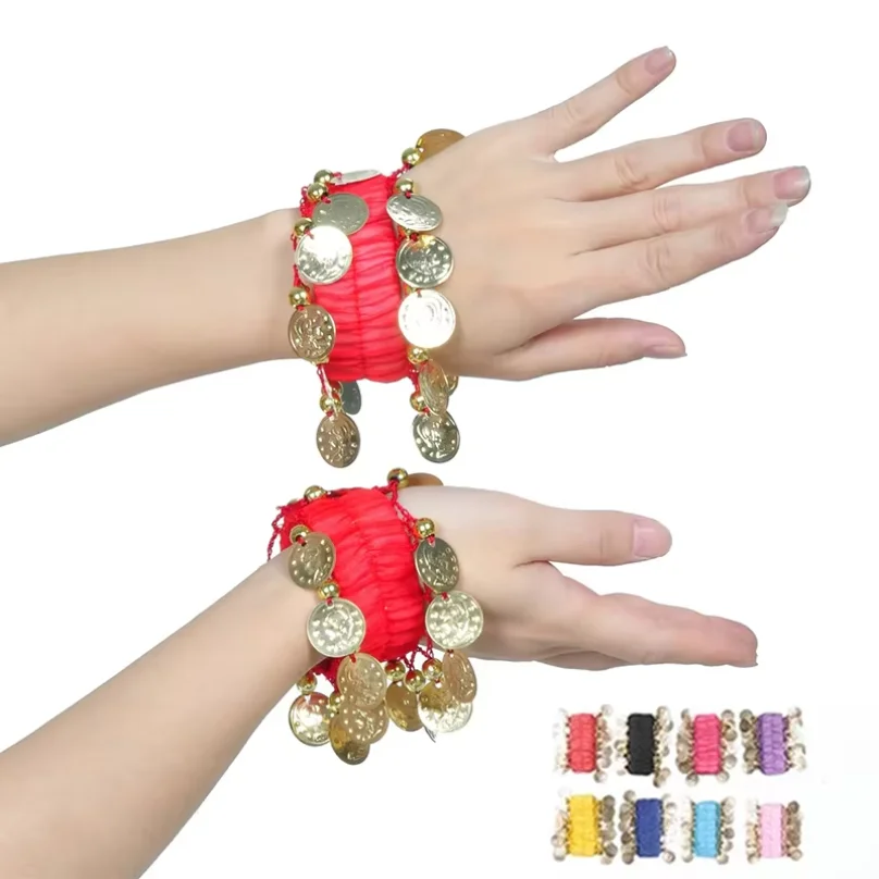 

Belly Dance Metal Coin Bracelets 1 Pair Belly Dancing Wrist Ankle Cuffs Bracelets Chiffon Gold Coin Belly Dance Accessories