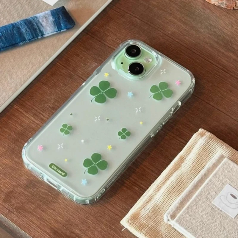 Japanese Korean Ins Design Lucky Clover Cartoon Cute Phone Case For iPhone 16 E 15 14 13 12 11 Pro XS Max 78 Plus MINI Y2K Cover