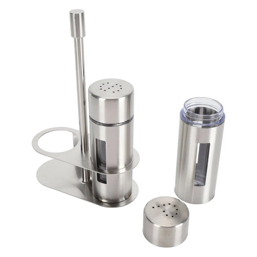Juego de 2 saleros y pimenteros de acero inoxidable 304 con base y soporte, juego de botellas para condimentos, dispensador de especias para el hogar