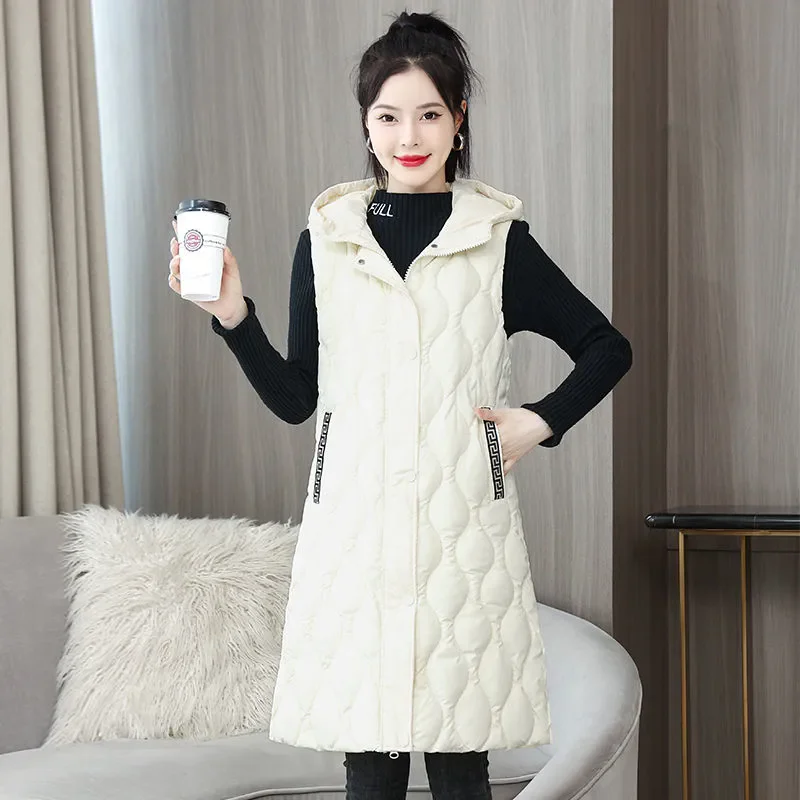 

Autumn Winter Warm Down Cotton Vest for Women 2024 Fashion Mid Length Vest Jacket Hooded Loose Waistcoat Women