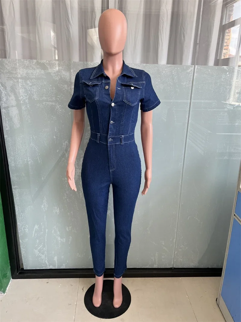 Salopette en jean à manches courtes pour femme, pantalon slim, barboteuse en denim, vêtements d'été, tenue une pièce, streetwear, 2024