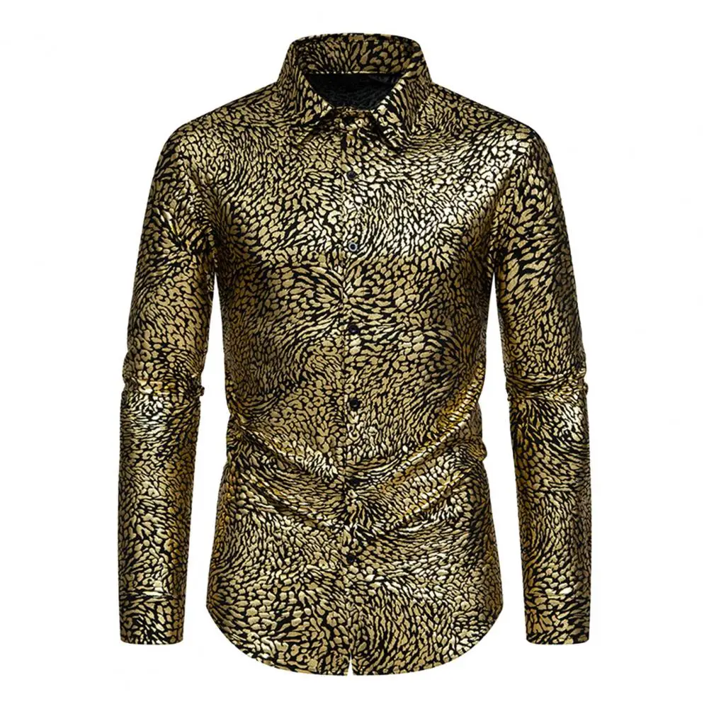 

Lapel Single-breasted Shirt Leopard Print Bronzing Shirt for Men Stylish Slim Fit Shirt with Long Sleeves Lapel for Spring