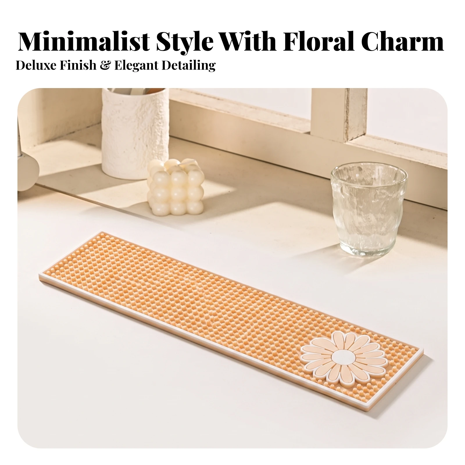 PVC Catch Mat with Dimpled Surface Space-Saving Spill Mat with Flower Motif Low-Height for Kitchen Counter, Coffee Bar