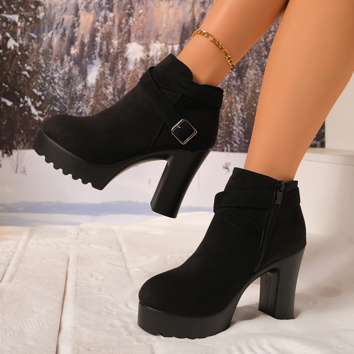 Winter Runde Kappe Wildleder Bequeme High Heels Anti Slip Casual Stiefel Modische Neue Stil Sexy Elegante Kurze Stiefel für Frauen