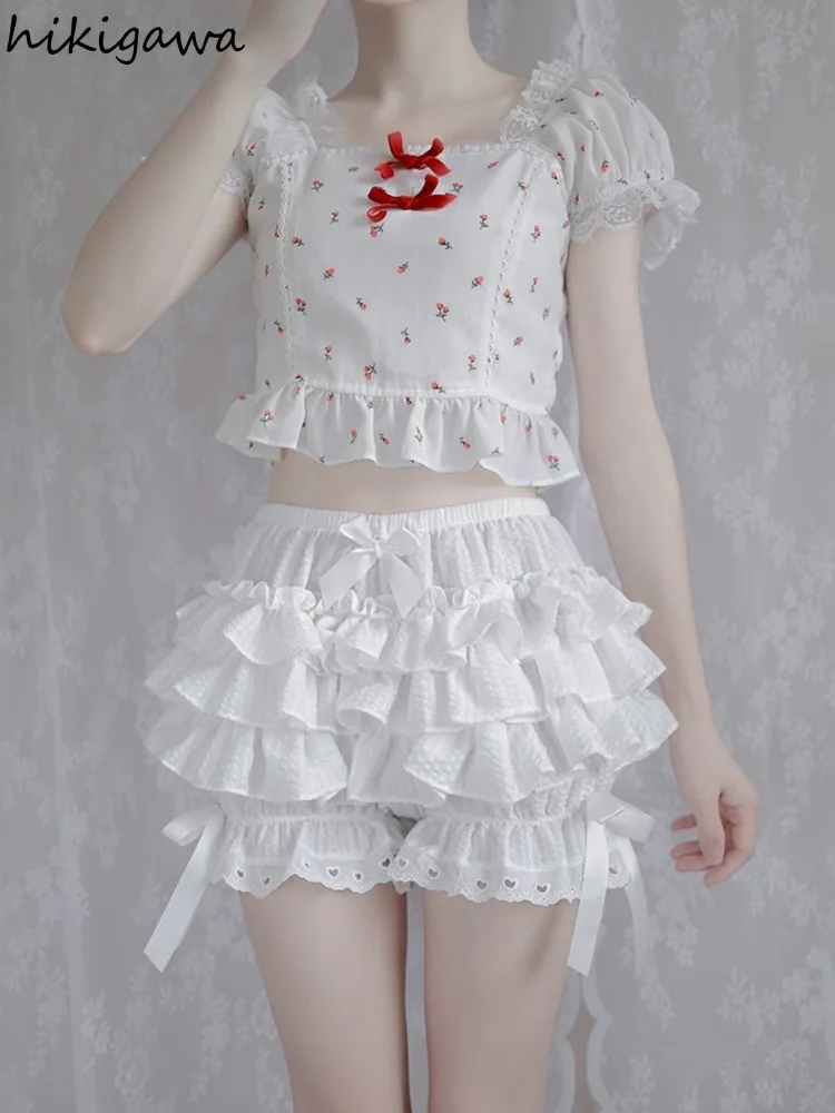 Lolita Style Fashion Japanese Sweet Shorts for Women 2024 New Bottoms Ruffles Bandage Bow Summer Cute Pantalones Cortos De Mujer