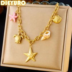 DIEYURO 316L Stainless Steel Marine Style Conch Golden Sea Star Pendant Necklace Girl New Fashion Trend Neck Jewelry Gift Joyas