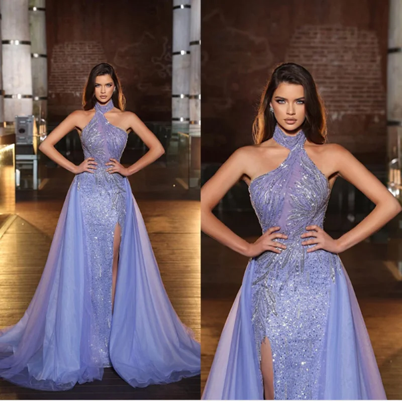 

Customized Appliques Sequined Evening Dresses Mermaid Halter Side Split Gorgeous Prom Gown Party Dress Vestido De Noite