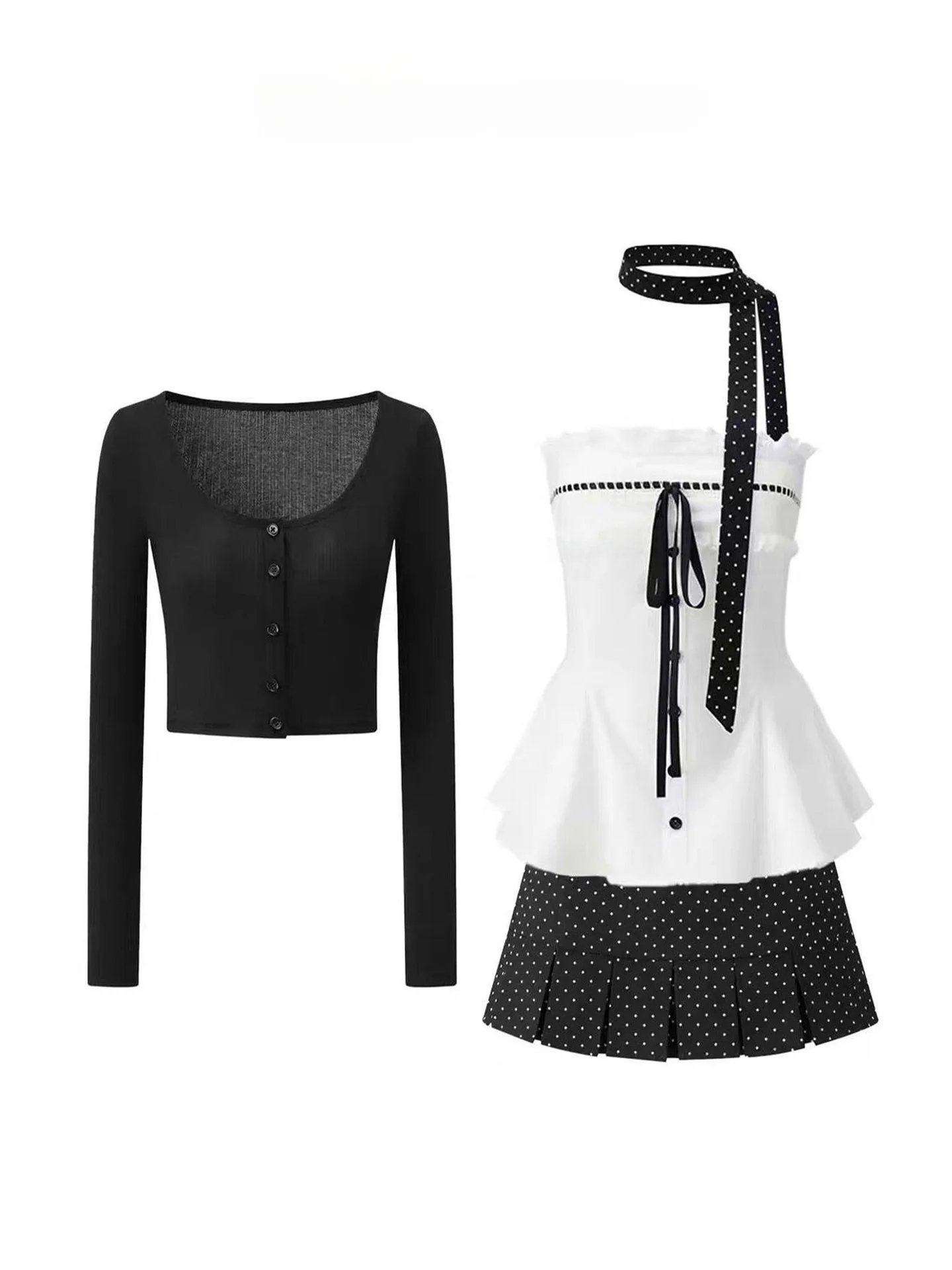 

Early Spring Beautiful Korean Style Knitted Set Women's Wrap Belted Cardigan Inner Tank Top Polka Dot Short Skirt