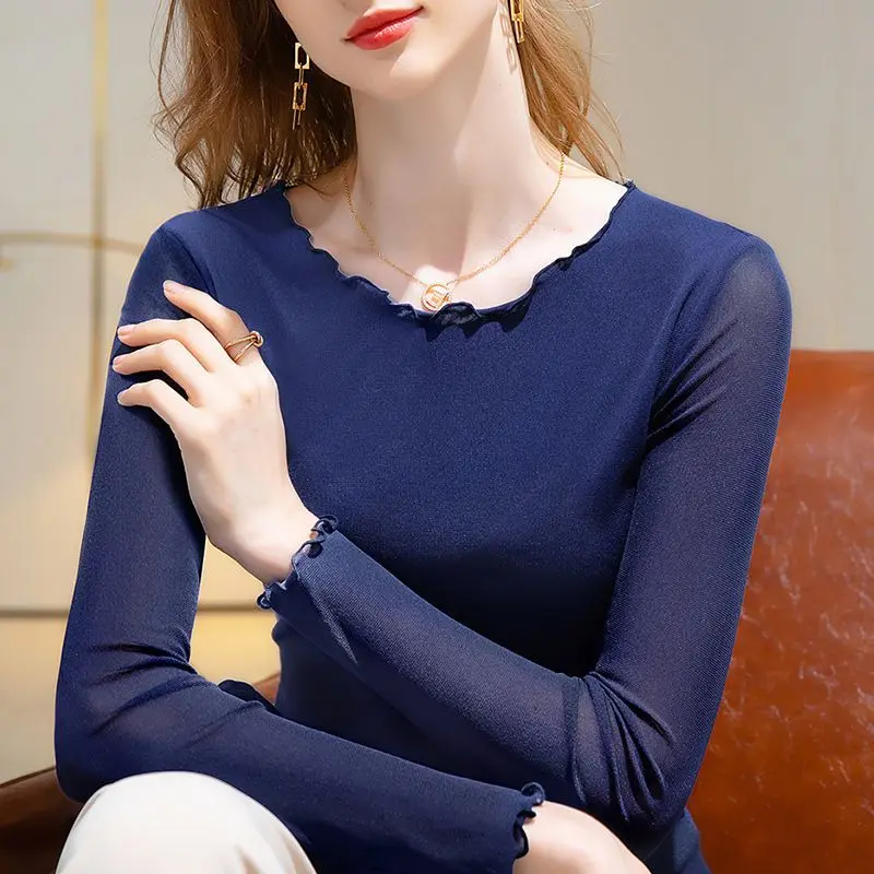 

Round Neck Mesh Bottoming Shirt for Women Long-sleeved Autumn New Style Slim-fitting Fungus-edged Solid Color Top Trendy