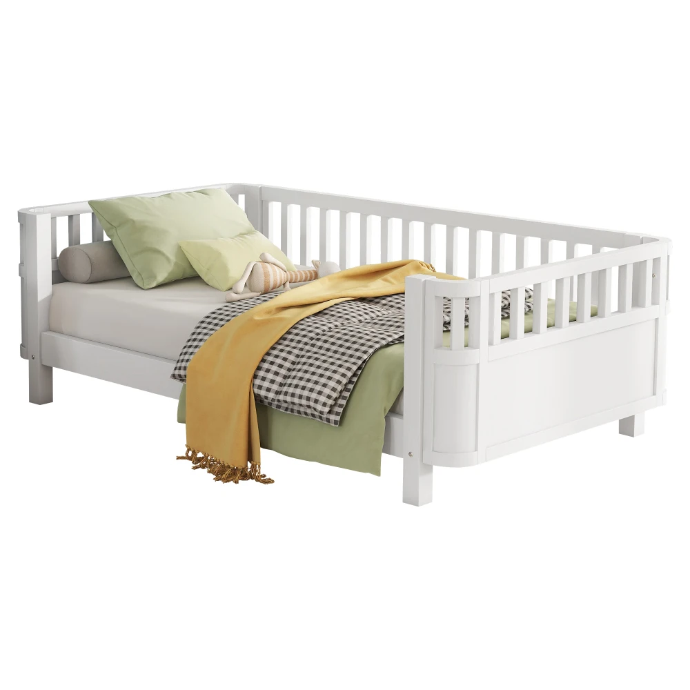 Lit plateforme en bois taille twin pour enfants, lit twin à profil bas en bois avec barrières pour filles et garçons, blanc (design breveté)