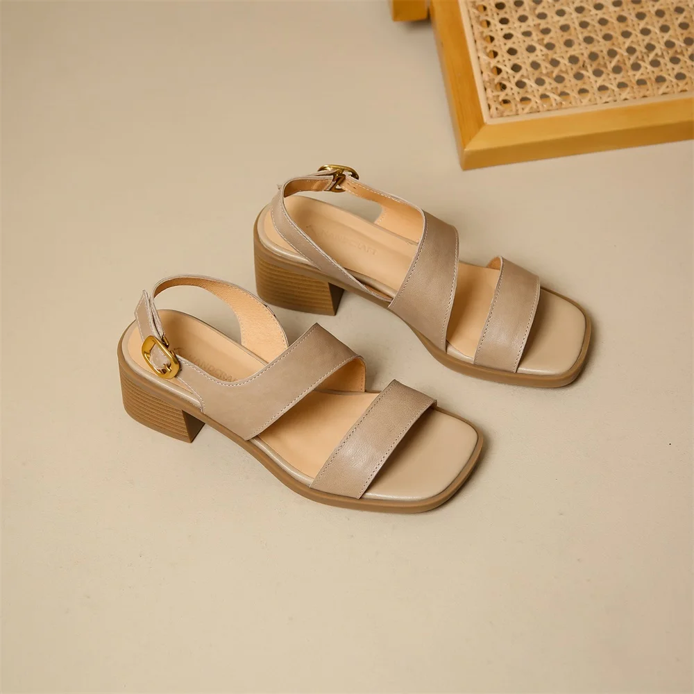 Taoffen Genuine Leather Sandals Casual Street Style Summer Roman Sandals Square Heel Female Open Toe Buckle Strap Women\'s Shoes