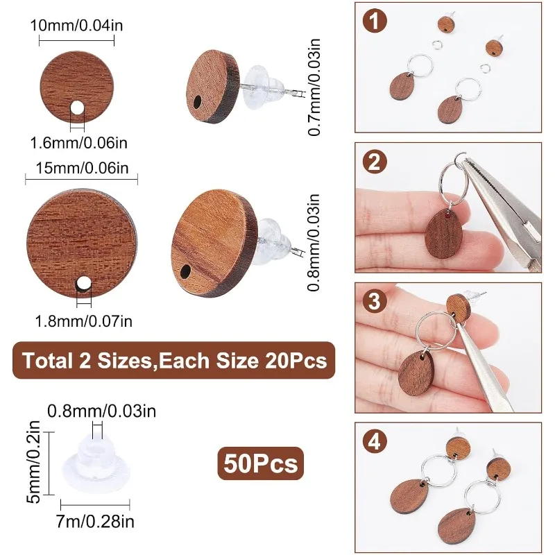 1 صندوق 40 قطعة الخشب مربط القرط المشاركات القرط آخر مع ثقب القرط الخشبي الفراغات 304 دبوس من الفولاذ المقاوم للصدأ شقة مستديرة #2