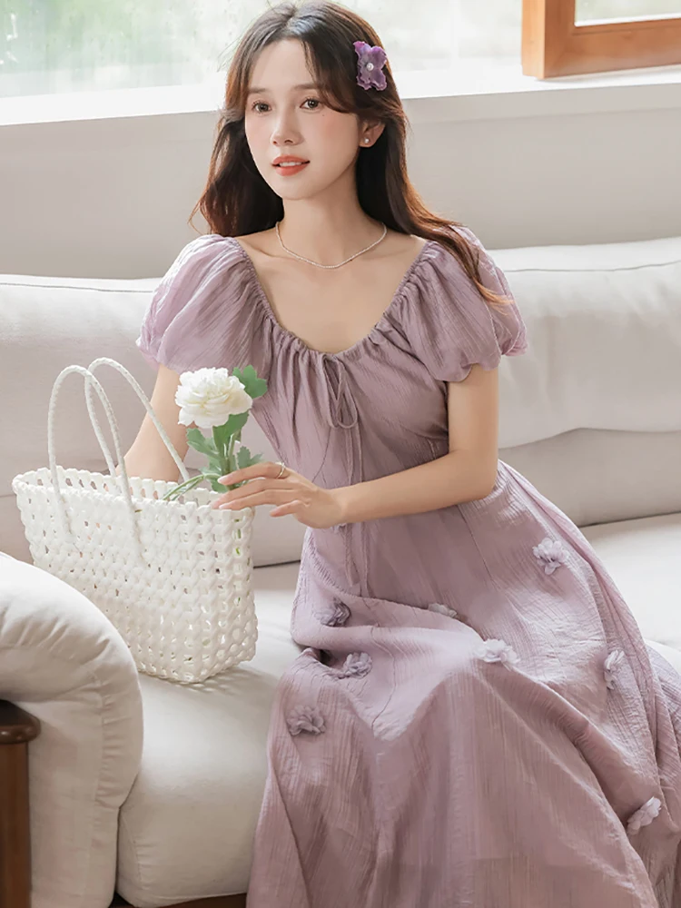 Sommer Lila Chiffon Applikationen Chic Langes Kleid Frauen Puff Sleeve Bogen V-ausschnitt Casual Kleid 2025, Koreanische Elegante Bodycon Prom Kleid