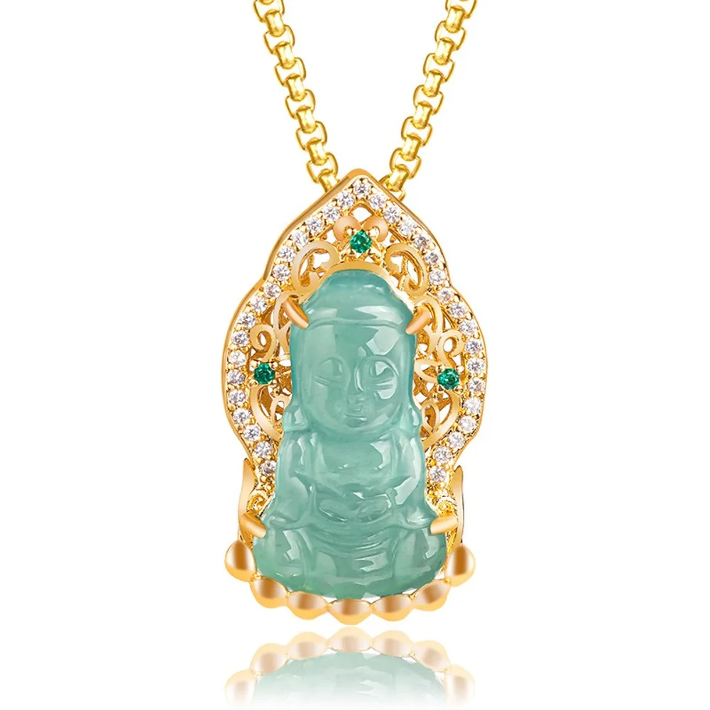 

Natural Grade A Jade Jadeite Men Women Lucky Gold-plated Copper Zircon Buddha Pendant