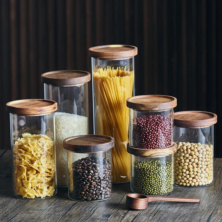 Luxury Large Stackable Kitchen Pantry Spaghetti Pasta Cereals Spice Food Storage Glass Containers Jar Set with Acacia Wooden Lid