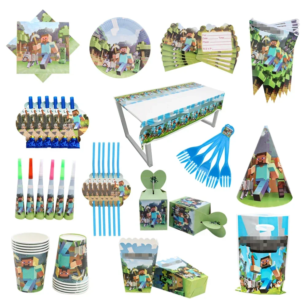 

10 Person Package Cartoon World Pixel Game Disposable Tableware Balloon Party Birthday Set Baby Shower Decoration