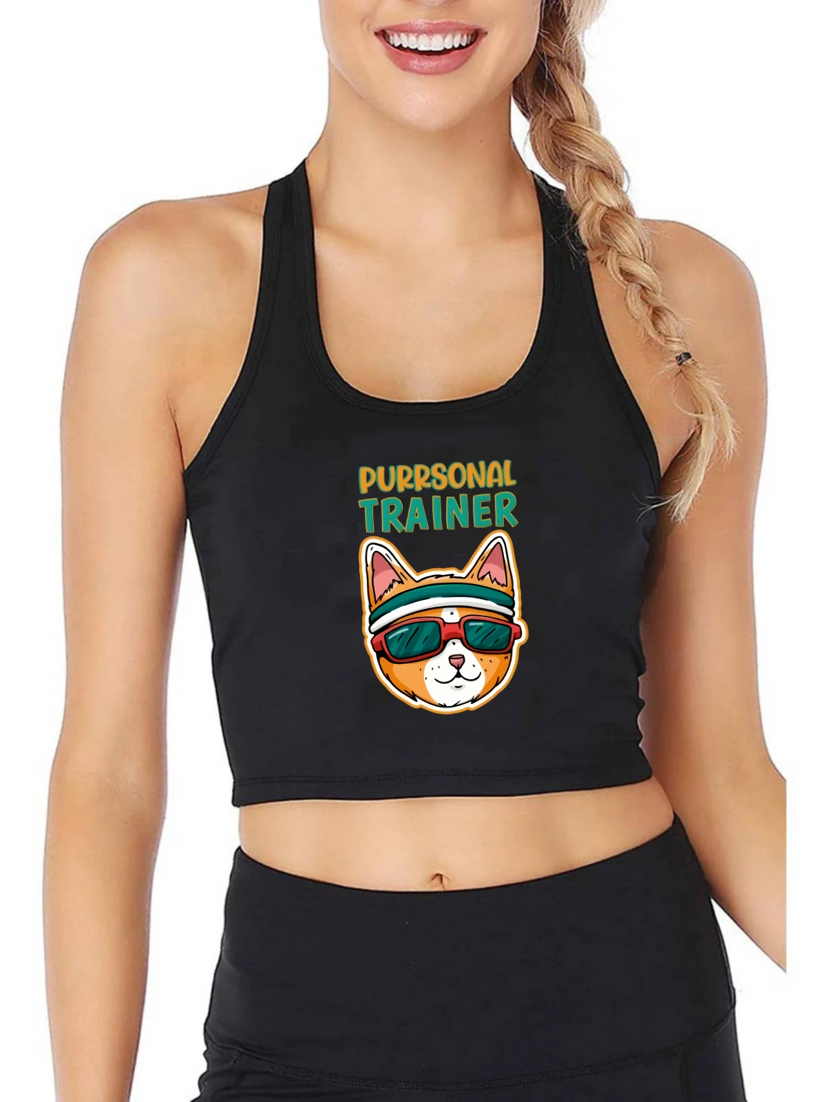 Funny And Cute Purrsonal Trainer Cardio Cat Print Tank Top Women's Yoga Sport Breathable Slim Fit Crop Tops Summer Camisole