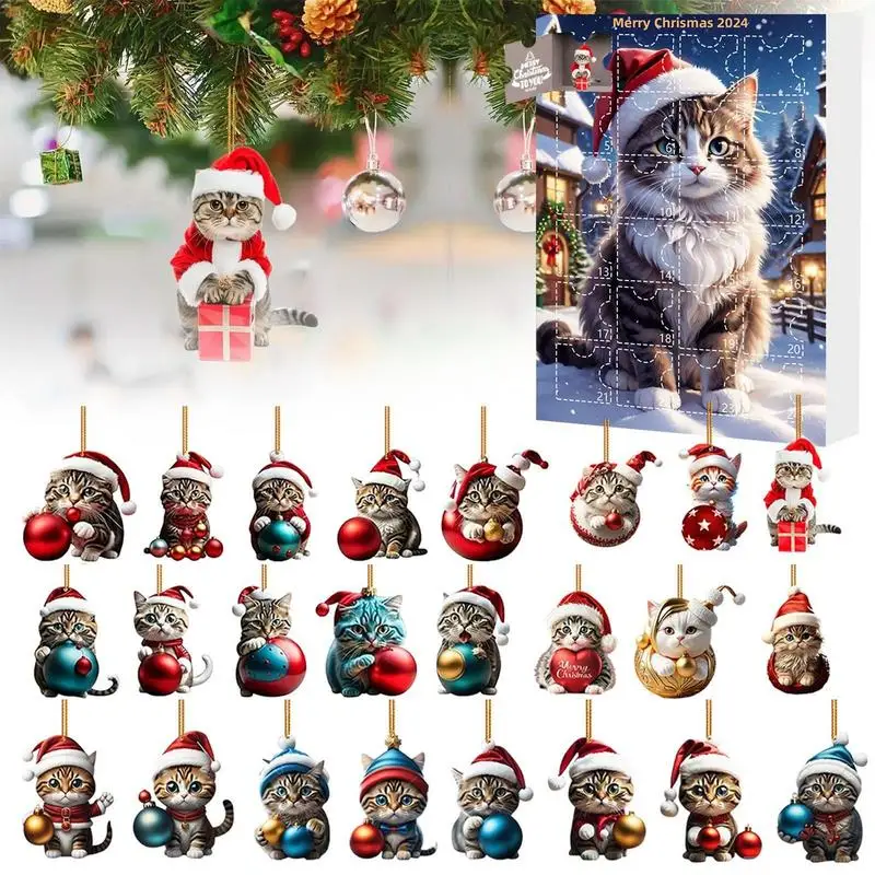 

2024 Cute Cat Hanging Christmas Advent Calendar 24 Day Christmas Holiday Countdown Calendar Christmas Tree Decoration Hanging