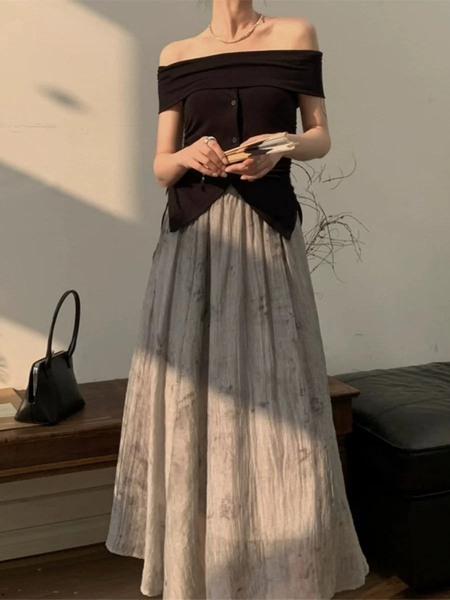 Lesemi Gentle Satin Glow Mist Island Double Layered A-Line Long Skirt Chiffon f Body Skirt Casual mid Waist Loose Fit