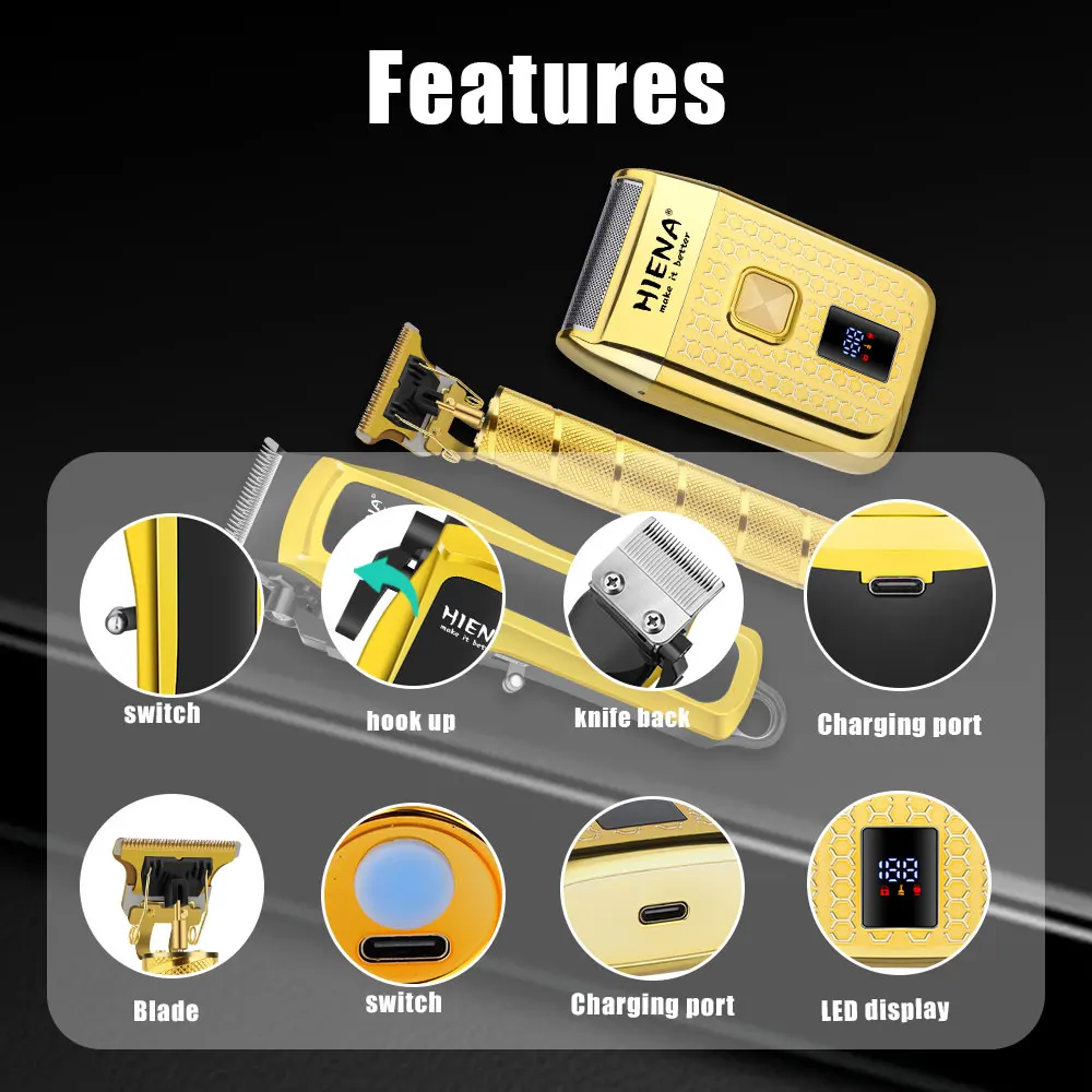 HIENA 3-in-1 Gold Barber Kit Hair Clipper, T-Blade Trimmer & Foil Shaver with Cape, LCD & 8 Combs