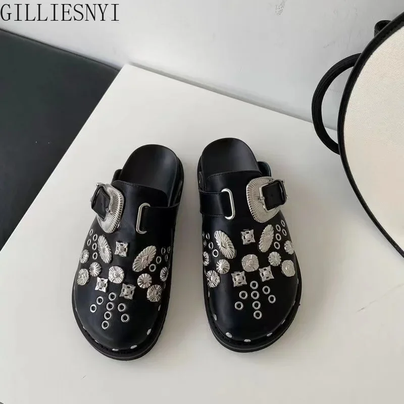 Woman Summer Slippers Shoes Women Gothic Punk Round Toe Platform Sandals Slide Lady High Heels Wedges Female Sandals Black Shoe