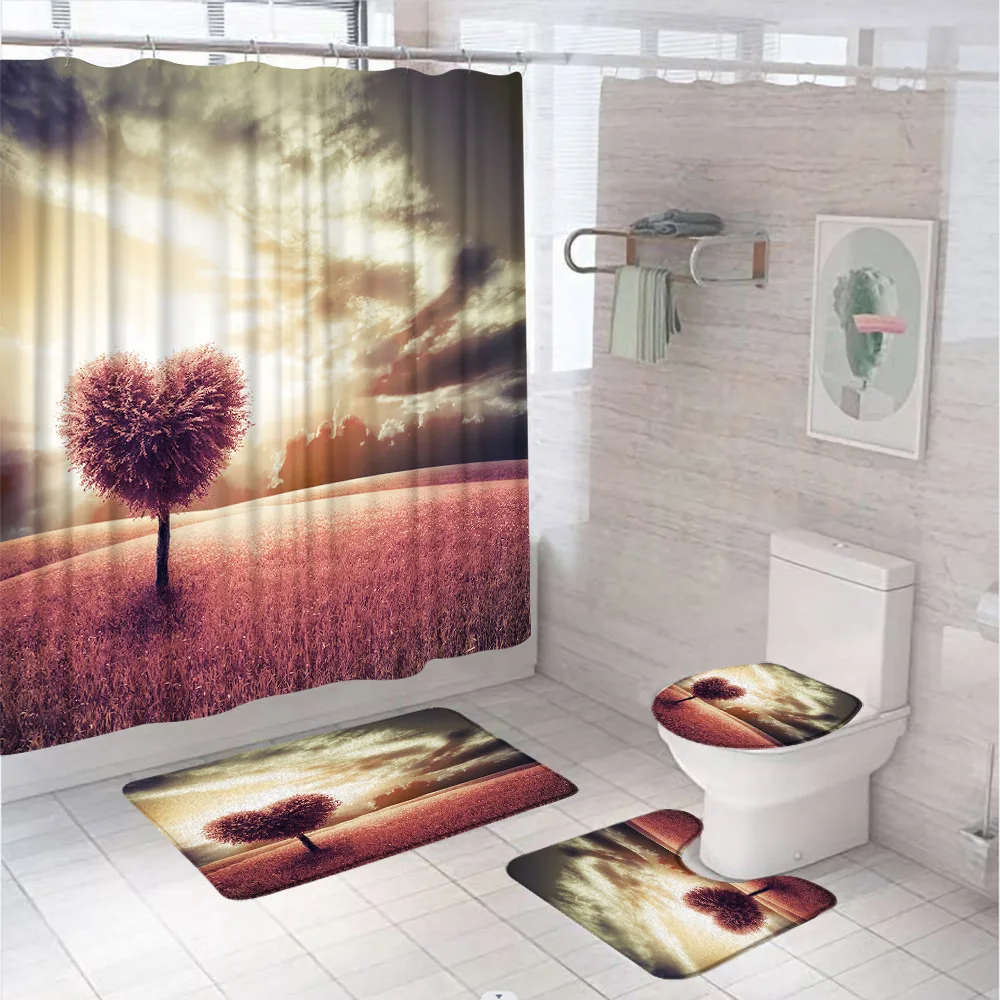 

Red Heart Tree Shower Curtain Set Grassland Sunset Natural Scenery Bathroom Curtains Non-Slip Rug Toilet Lid Cover Bath Mat Home