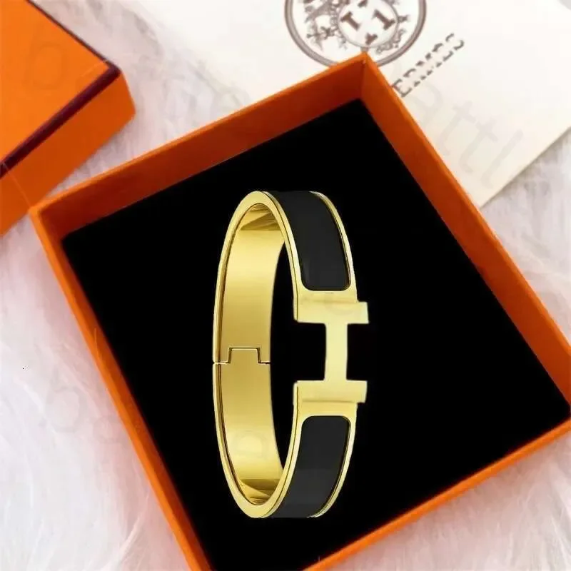 

Bangle Bracelet 12MM Wide Enamel Inlay 18K Gold Plated Stainless Steel Designer Couple Jewelry Size 17 19