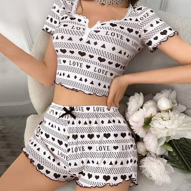 

Casual Printed Women's Loungewear Set Shorts Shorts Set Jacquard Ribbed Love Heart Print Pajamas Set Two Piece Shorts Sets Ropa
