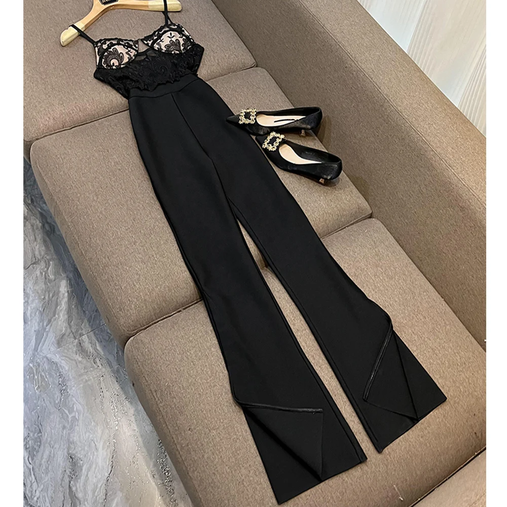 

Sexy Floral Lace Patchwork Sleeveless Women Jumpsuit Elegant High Street Fashion Side Split Lady Black Bodysuit