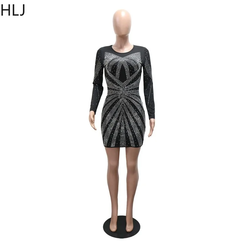 HLJ Abiti aderenti patchwork con strass sexy per donna Tinta unita Maniche lunghe Abito girocollo Abiti da festa femminili Clubwear