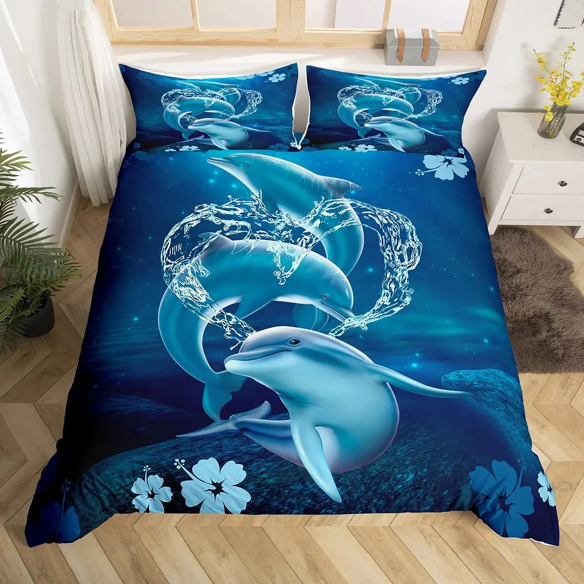 Cute Ocean Dolphin Duvet Cover King Queen Dolphins Play with Water Comforter Cover Moonlight Bedding Set,Sea Animals Quilt Cover