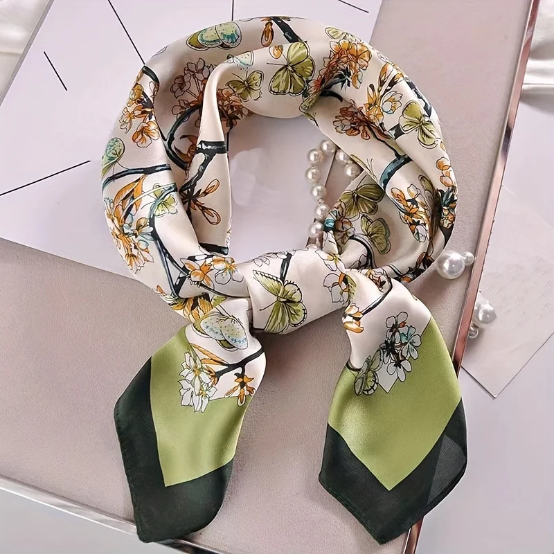 Floral Butterfly Print Color Block Satin Small Scarf Women Neck Scarf Hair Accessories