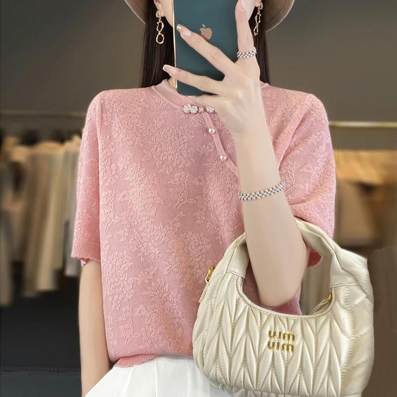 Summer 2024 New 100% Worn Wool Knitted Thin Short Sleeve High End Women\'s Top High Street Korean Fashion Sexy T-shirt