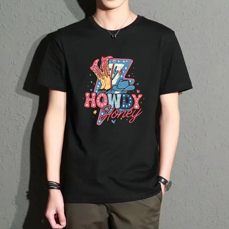 Camiseta Negra de Cuello Redondo y Manga Corta para Hombre con Estampado Estilo Western, Corte Holgado Informal, Prenda de Moda Urbana para el Día a Día, Cómoda, Transpirable y Elegante
