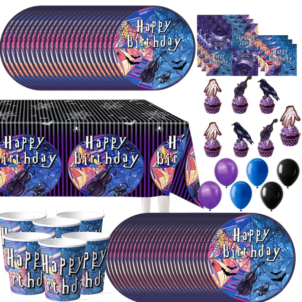   Addams Dark Academia Geburtstagsparty-Dekorationsset Teller Becher Servietten Luftballons Kinder-Geschenke Party-Zubehör-Kit Party-Dekoration