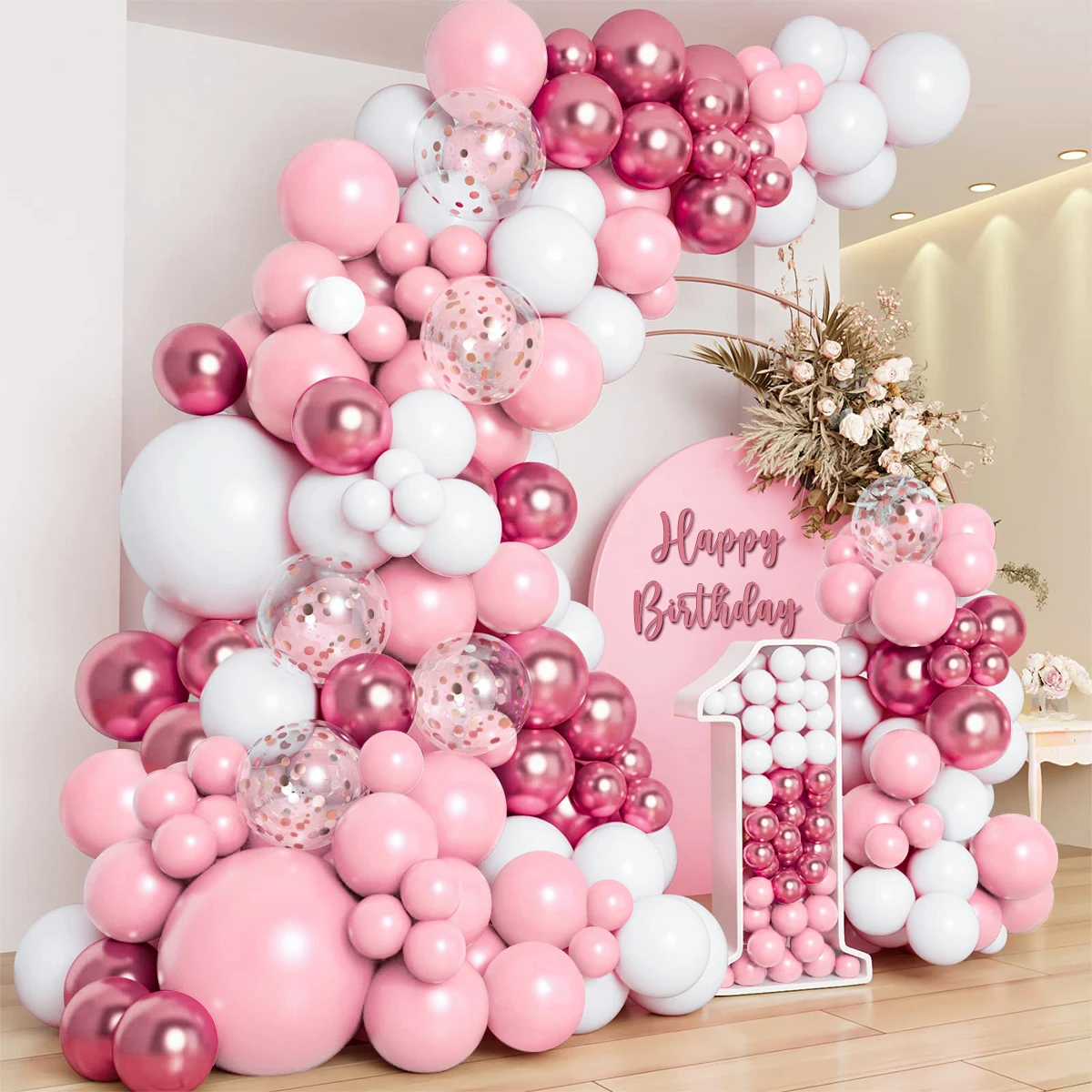 Rose Gold Balloon Garland Kit Happy 1st Birthday Party Decoration Kids Adults Platinum Baloon Wedding Party Baby Shower Supplies