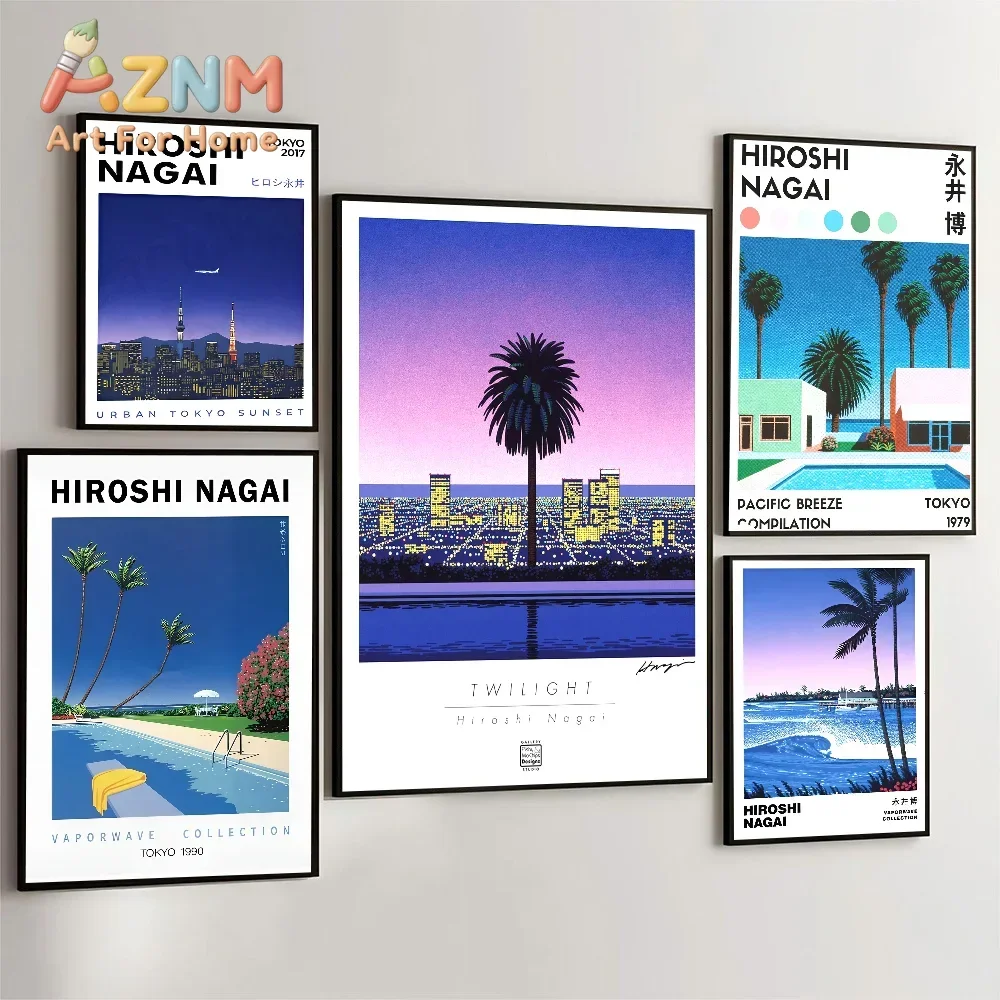 AZNM Hiroshi Nagai Vaporwave City Landscape Canvas Painting Frameless Wall Art Retro Palm Tree Pool Sunset Poster Home Decor Pri