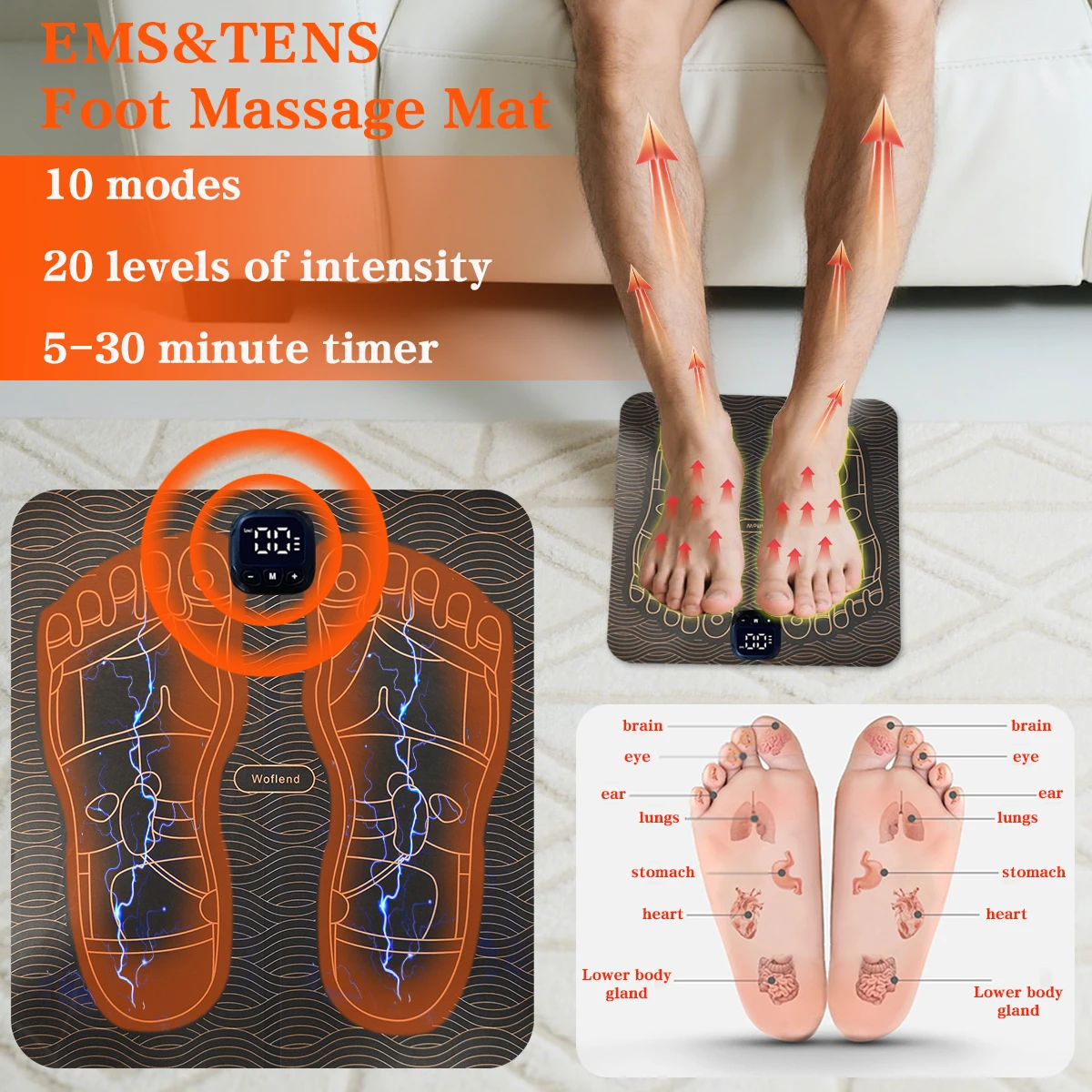 

EMS foot massager, portable EMS foot massage pad, multiple modes and intensity adjustments, reusable